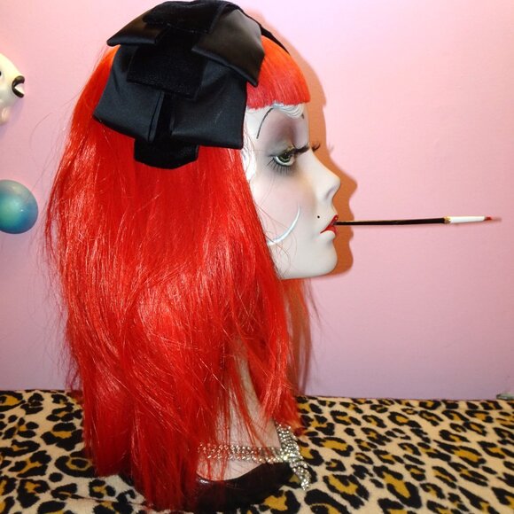 Vintage Black Velvet & Satin ILGWU Fascinator Hat Bow pinup retro rockabilly - Picture 16 of 16